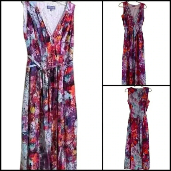 Vivienne Tam Silk Blend Watercolor Floral Pleated Tie Waist Maxi Dress Size 4 - Picture 1 of 12